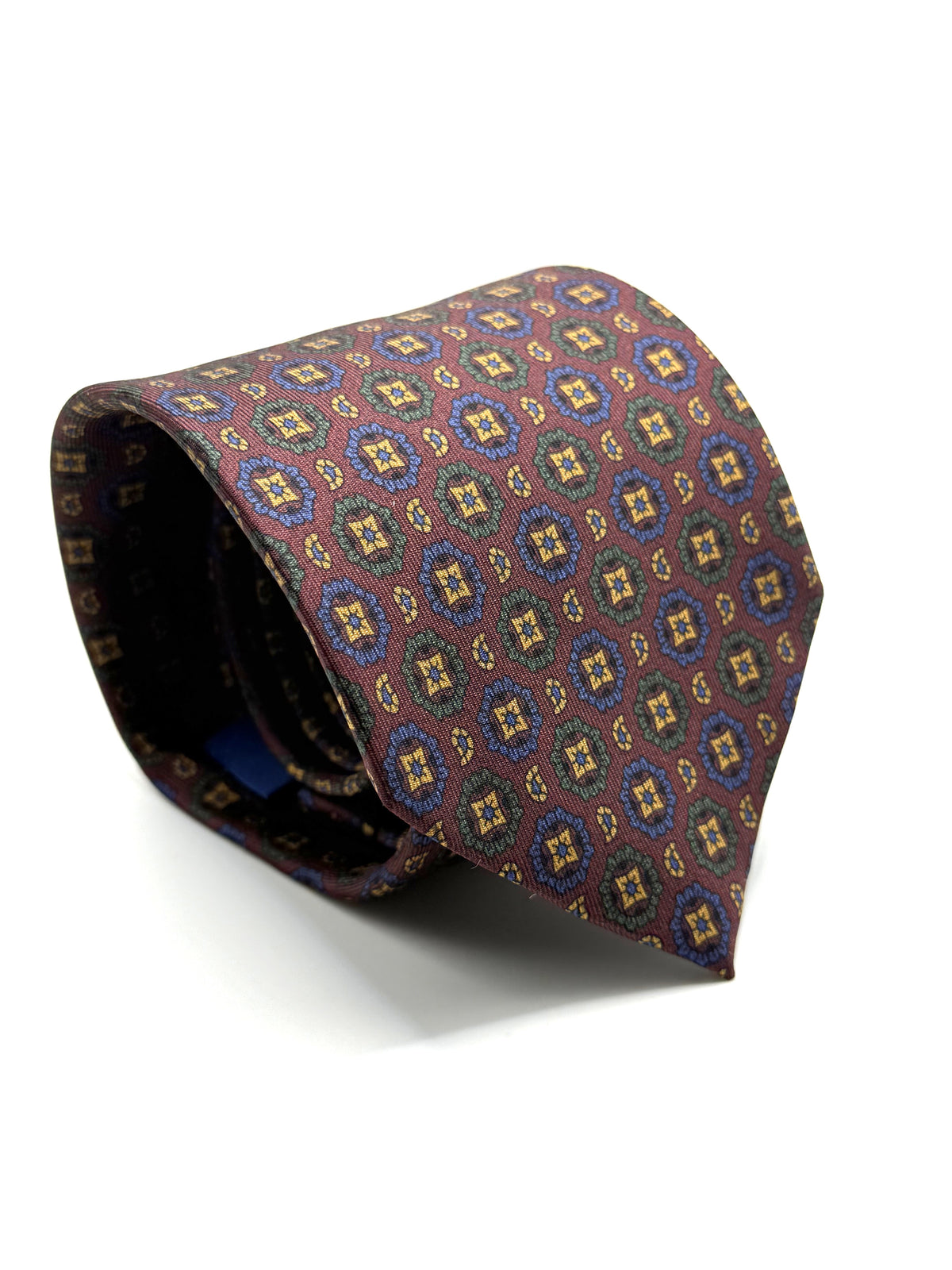 Corbata de seda Puccini burdeos con paisleys verdes, azules y mostaza