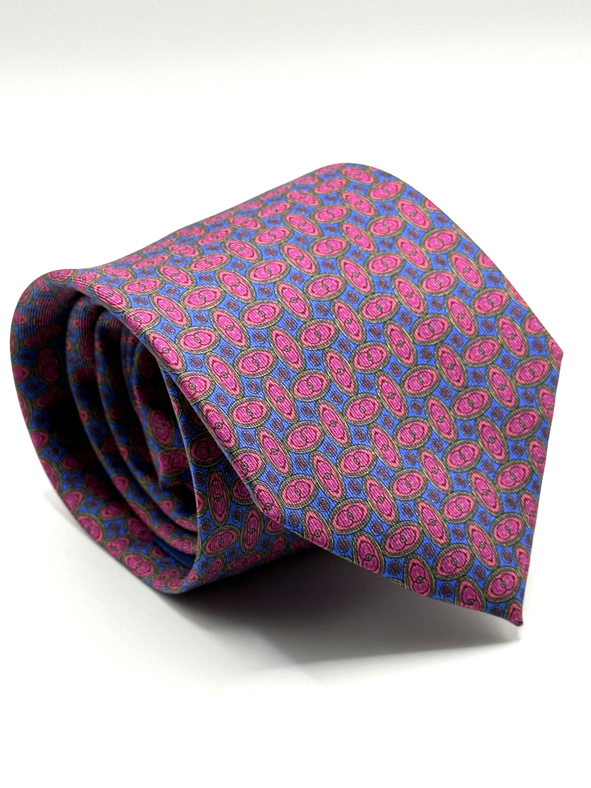 Corbata de seda Paganini azul cobalto con óvalos fucsia perfilados en verde oliva