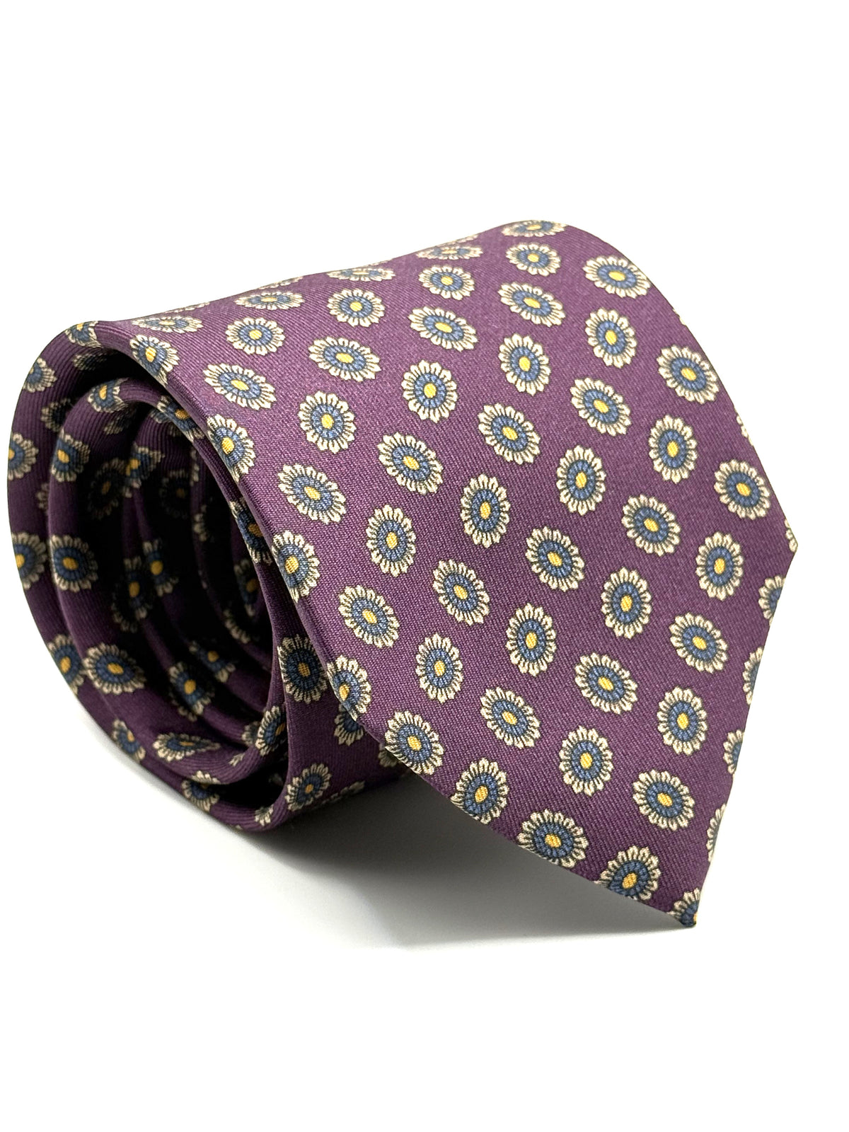 Corbata de seda Donizetti morada con pequeñas flores crema, azules y mostaza