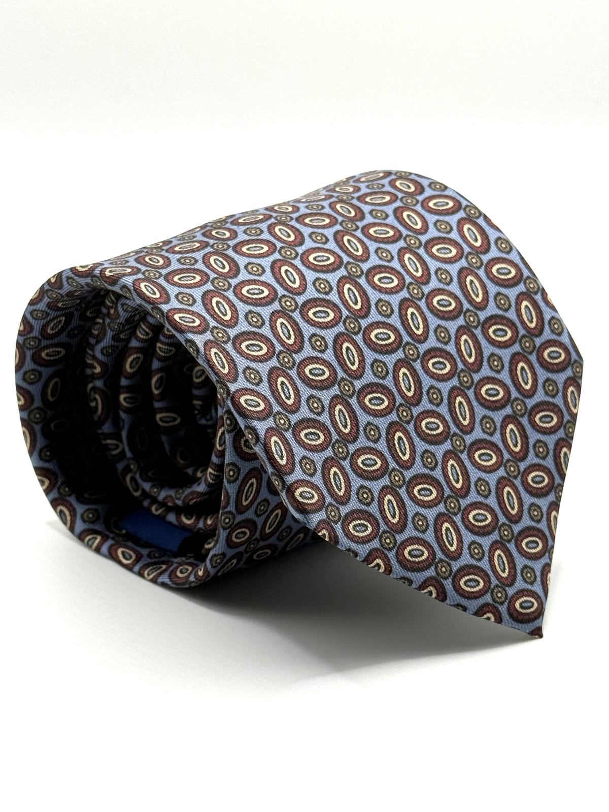 Corbata de seda Boccherini azul claro con óvalos burdeos y crema