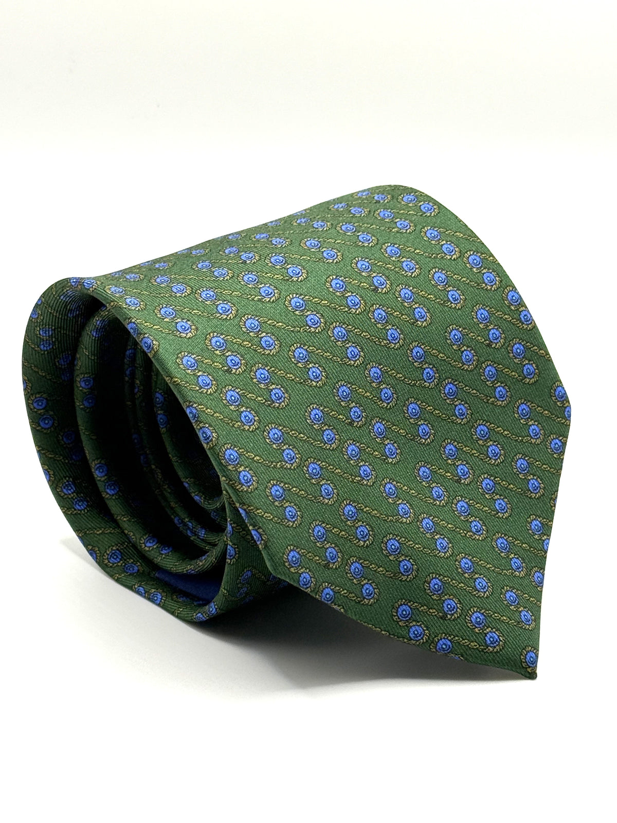 Corbata de seda Respighi verde botella con motivos azules y cordón dorado