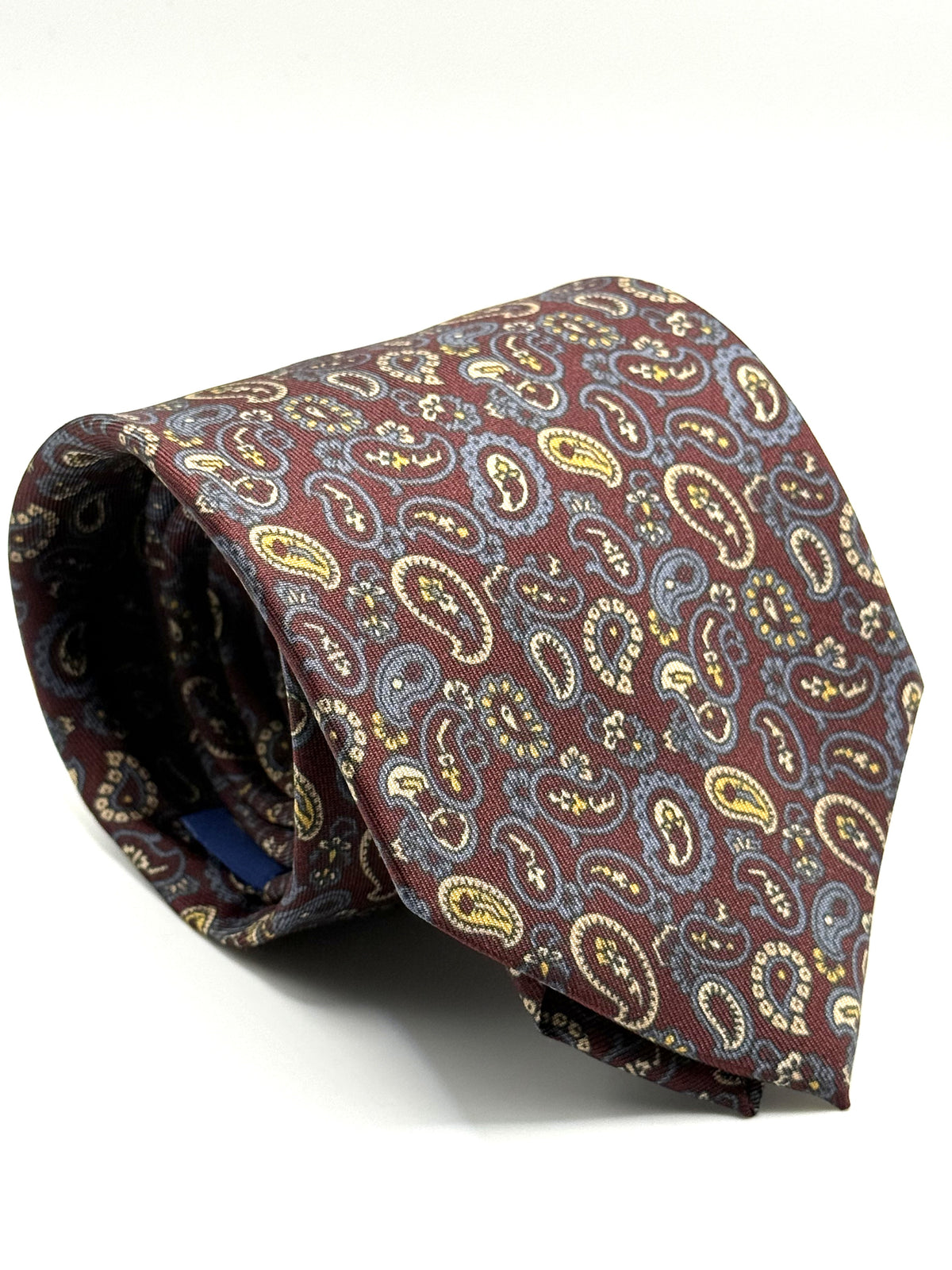 Corbata de seda Corelli paisley burdeos con azul, crema y mostaza