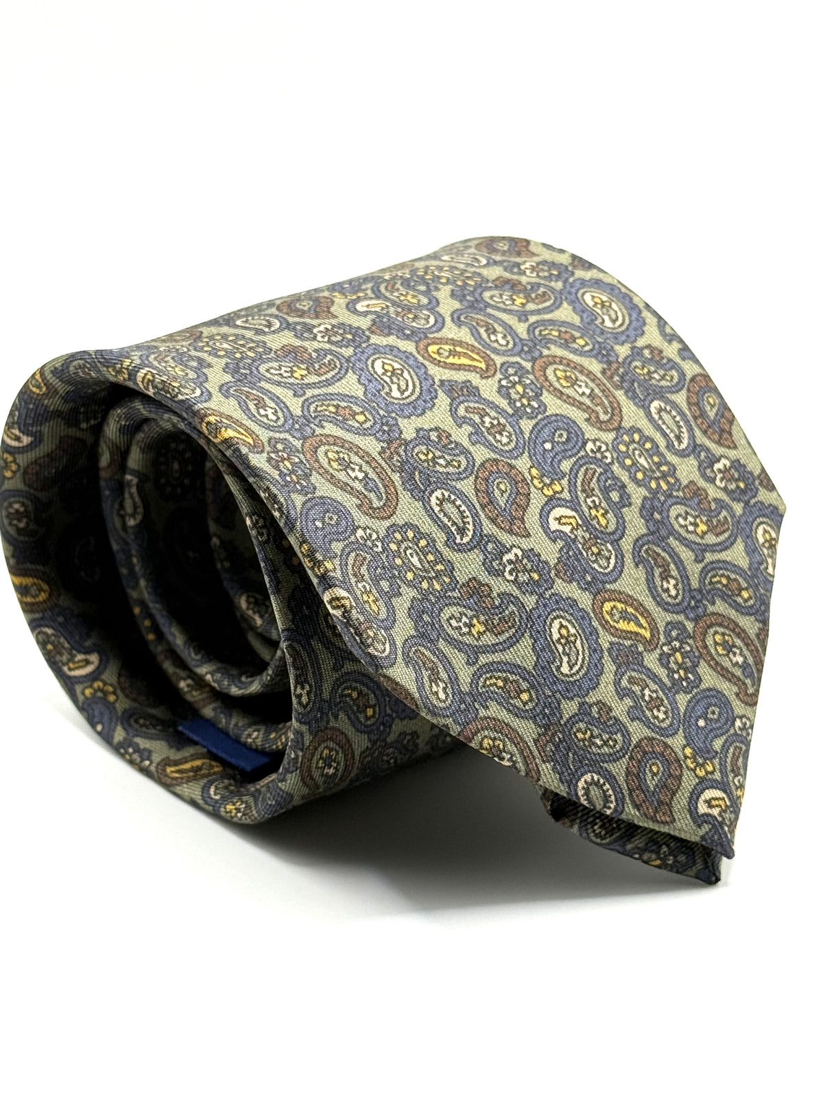 Corbata de seda Rossini paisley verde oliva con azul, marrón y mostaza