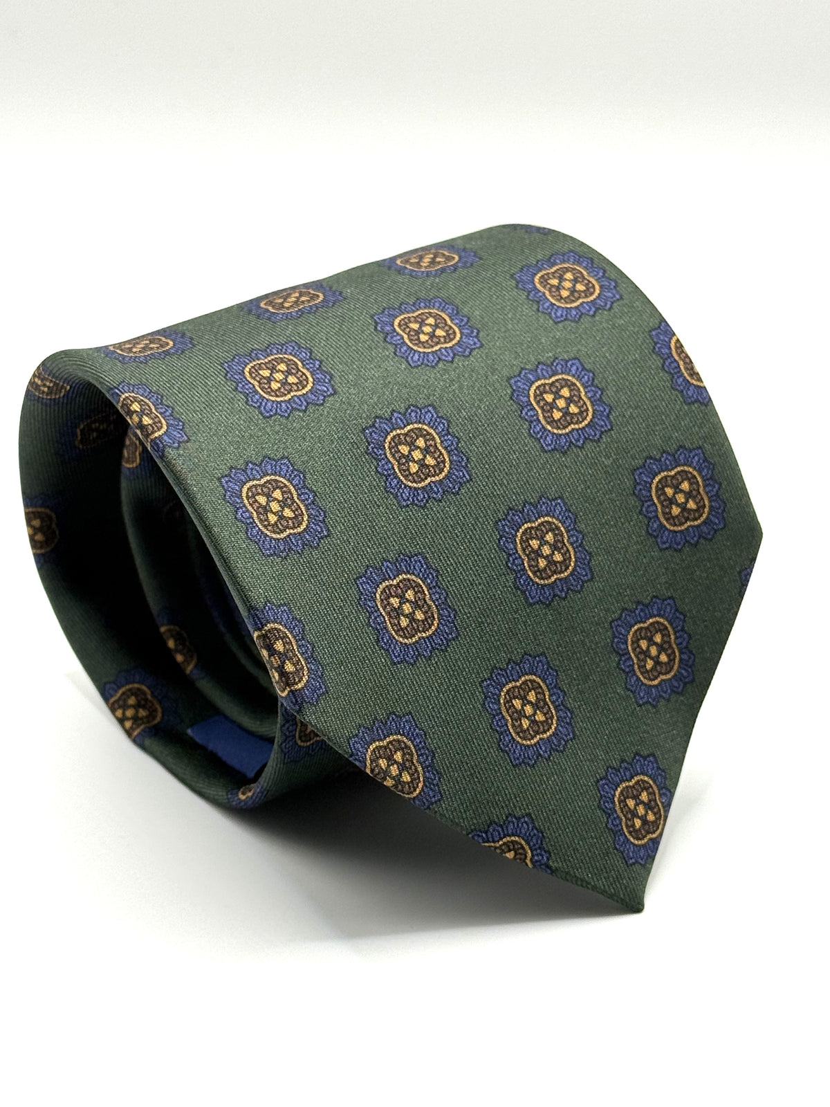 Corbata de seda Scarlatti verde inglés con medallones azules y ocre