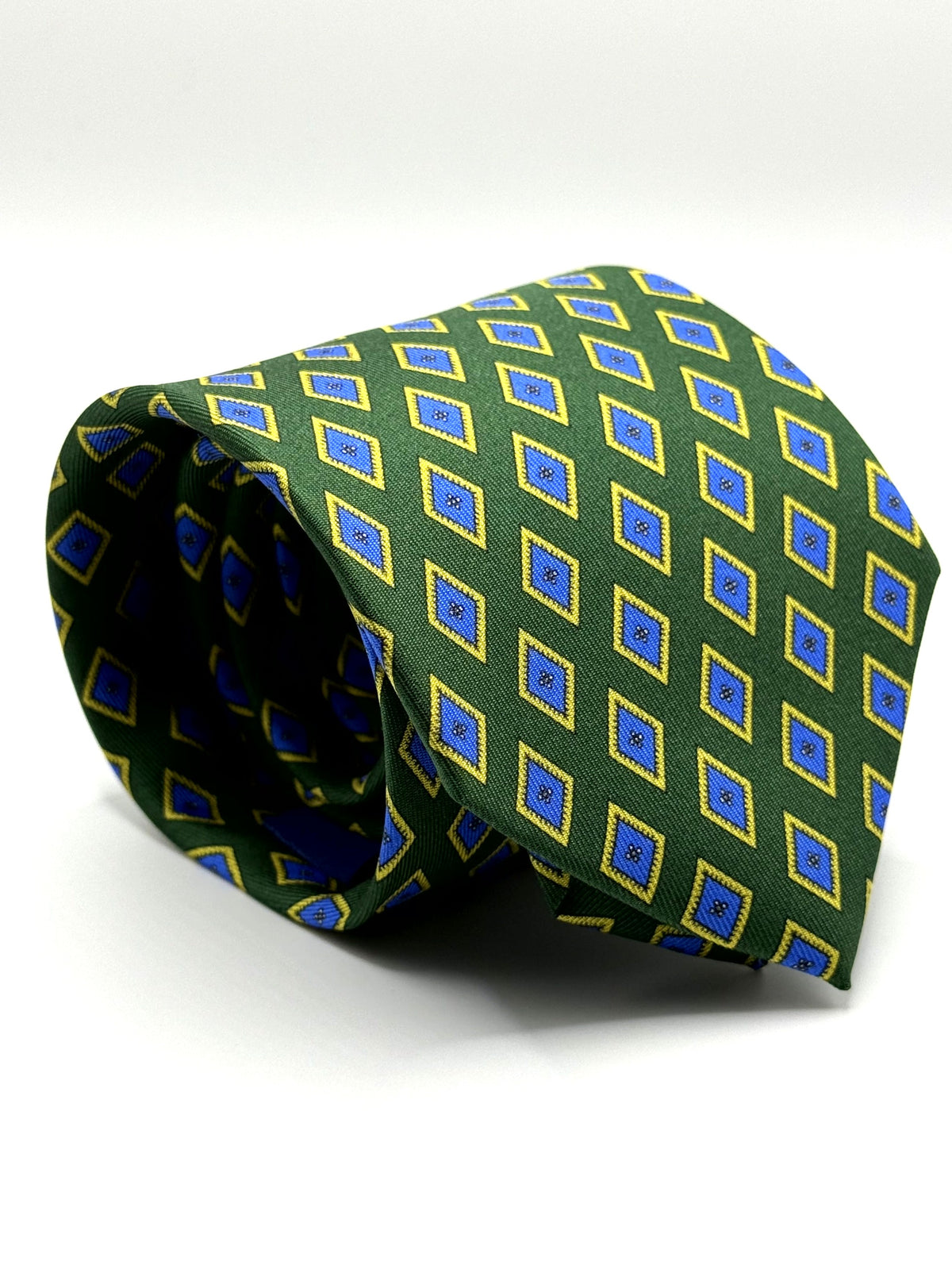 Corbata de seda Leoncavallo verde con rombos azules y amarillos
